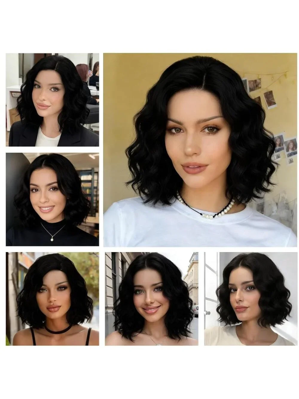 Women's 14 Inch Black Wavy Bob Wig Short Curly Synthetic Heat Resistant